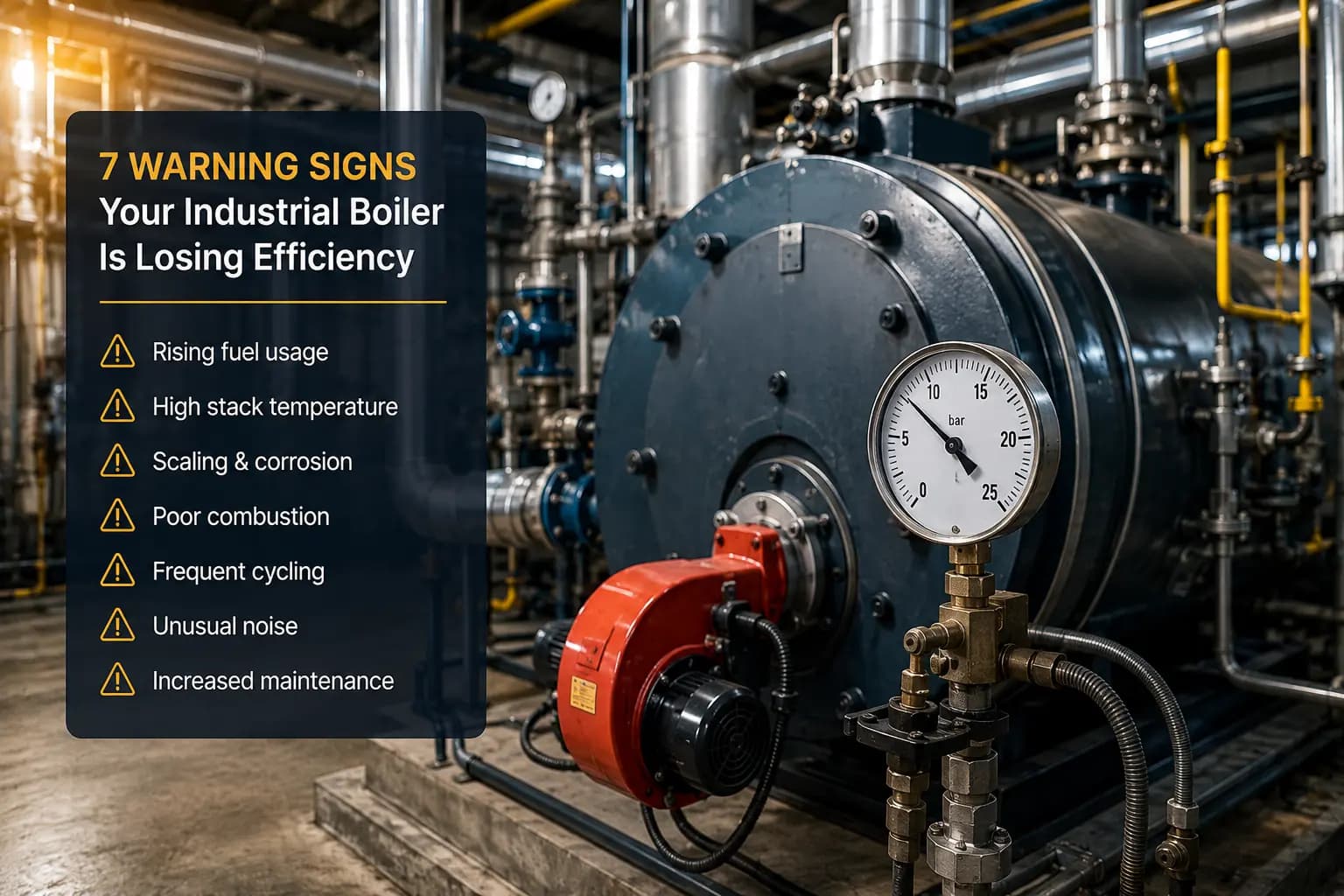 Industrial boiler system used to illustrate boiler efficiency and maintenance.